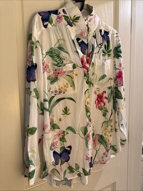 Anthropologie White Button-Up Blouse with Floral & Butterfly Print